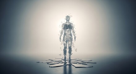 High Quality, Professional Woman body broken into pieces shattered glass fragments falling apart on floor Stock Photo, AI Generated