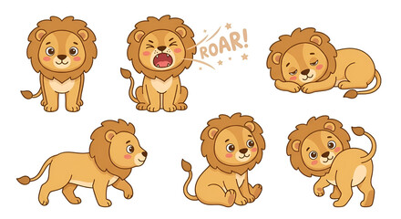 Fototapeta premium Cute lion character set in different poses such as sitting, walking, roaring, and resting. Cartoon animal illustration isolated on white background.