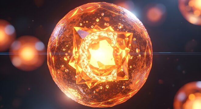 Abstract glowing orb with geometric core and energy particles