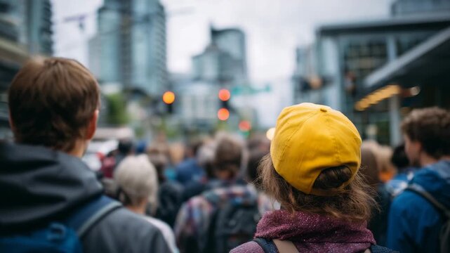 13Diverse crowd waiting at a pedestrian crosswalk in a modern city, people of different ages and styles seen from behind, backpacks, coats, scarves, urban architecture framing the sc
