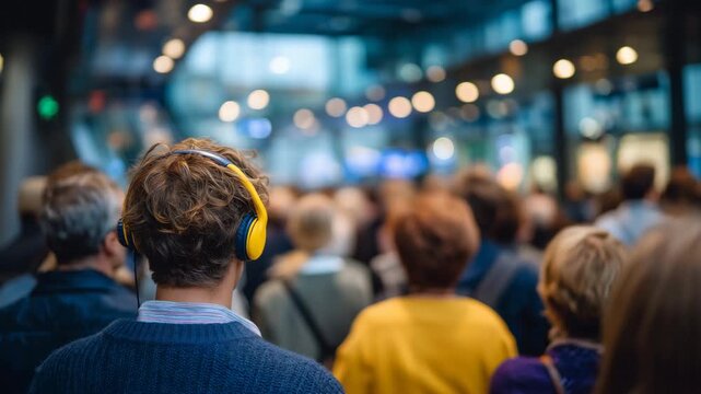 10Crowd of diverse commuters inside a modern transit station, seen from behind and partial side views, coats, bags, and headphones, architectural lines leading into the distance, moo