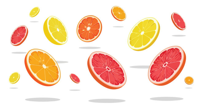 Fresh Citrus Fruit Slices Floating on White Background