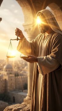 Vertical video: Jesus as Son of Man Exercising Judgment Power with Balanced Scales