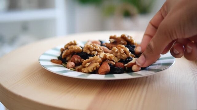 Healthy nuts on a plate for a snack at home