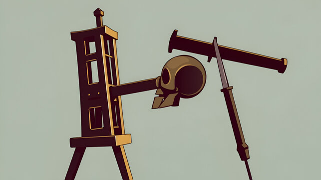 Guillotine, capital punishment via decapitation, cut off head medieval execution, decollation machine with blade, vector