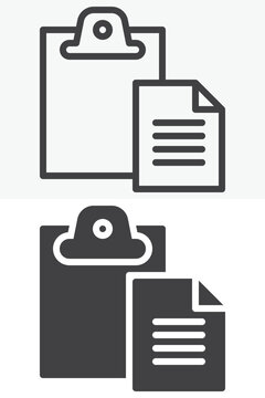Clipboard paste document icon different style icon set. Line outline and solid icon version. Editable stroke vector sign symbol for paste, copy and document.