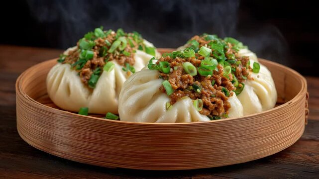 32Close-up of steaming bao buns with minced pork and green onion filling, glossy soft dough texture, steam catching the light, dark moody background, premium Asian food still life