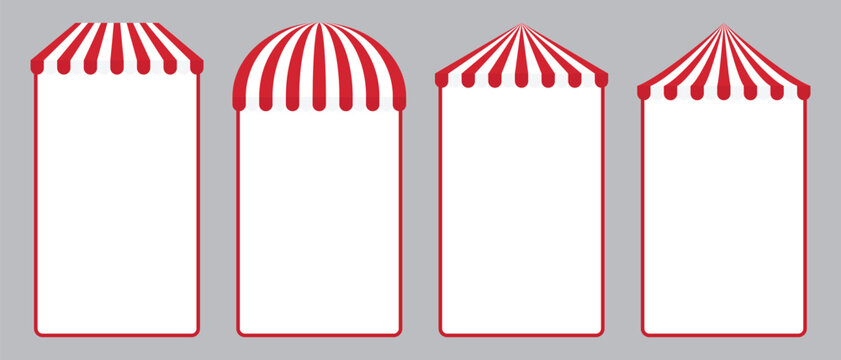 Red and white striped shop awning vertical frame background. Flat design illustration.