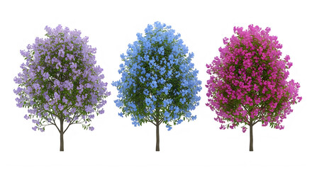 Obraz premium Three trees with purple blue and pink flowers isolated on transparent background