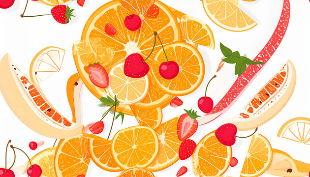 cut fruit seamless  pattern  strawberries  cheries and oranges  bright pastel colors