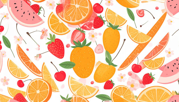 cut fruit seamless  pattern  strawberries  cheries and oranges  bright pastel colors