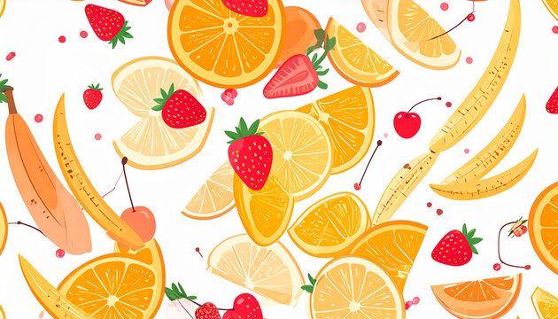 cut fruit seamless  pattern  strawberries  cheries and oranges  bright pastel colors