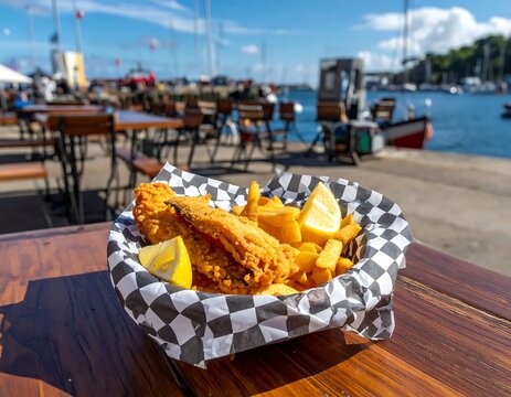 A plate of fried fish and chips on a wooden table by the waterfront