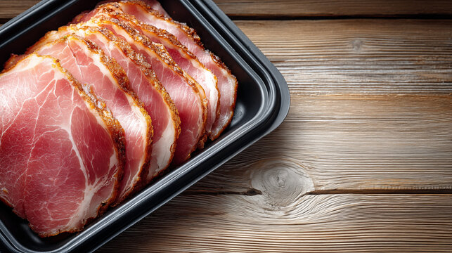 Fresh sliced ham arranged in black plastic tray on wooden table, top view, minimal clean food photography, for deli meat packaging and sandwich advertising.