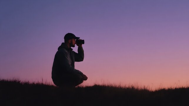 Silhouette of a person observing the vibrant purple and pink twilight sky with binoculars from a grassy hilltop