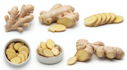 Various ginger roots and slices on a white background