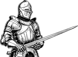 Fototapeta premium Sketch of a Medieval Knight in Full Armor with Sword. Vector hand drawn illustration 
