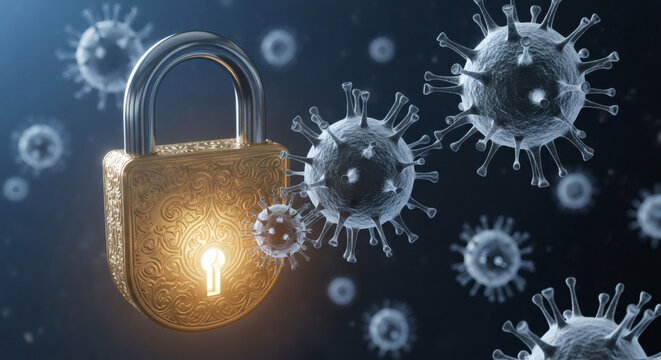 Golden padlock protecting against coronavirus cells representing lockdown and health security