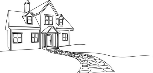Fototapeta premium Hand drawn single line sketch of a charming home building with a connecting continuous path