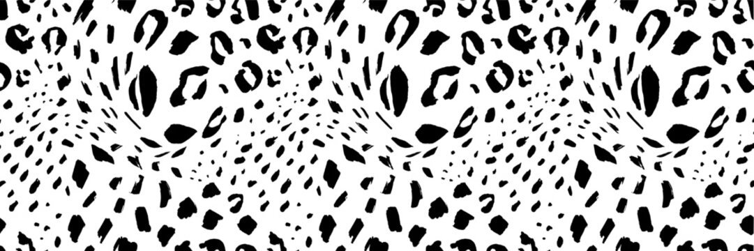 Seamless leopard pattern. Bold black spots on white background. Classic vector animal print. Jaguar skin texture. Abstract fur spot shape clean repeat pattern. Black white wildlife fashion animal bg