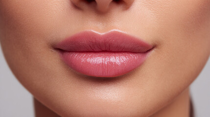 Fototapeta premium Soft pink lip blush on smooth skin close up, natural makeup enhancing lips, lips, tattoo