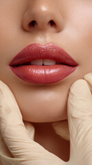Naklejka premium Soft smooth skin with red lipstick on lips and gloved hands touching face in beauty clinic care