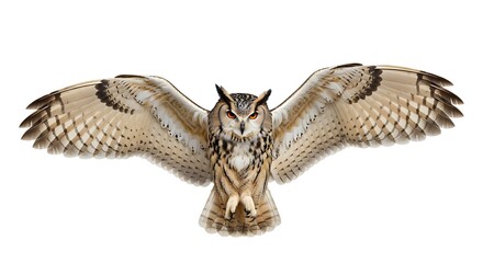 Fototapeta premium Majestic Owl with Wings Fully Extended in Powerful Flight Against a Pristine White Studio Background