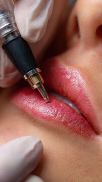 Permanent makeup lip blush procedure close up with tattoo machine on lips, showing detailed skin texture and color enhancement