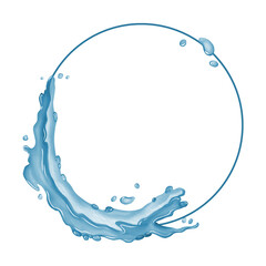 Blue water splash forming a circular shape with droplets symbolizing freshness and purity of water © Anna Garifulina 