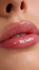 Glossy pink lips close up with smooth skin and natural texture, showing fresh permanent makeup lip blush effect