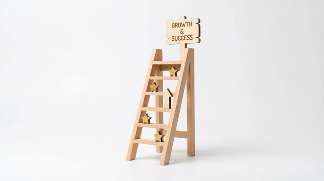 Minimal concept of a small wooden ladder with sign on white background representing career growth, business success, opportunity, and progress.