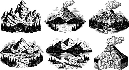 Collection of vintage style mountain and volcano landscape engravings. Vector hand drawn illustration 