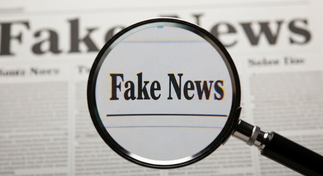 Magnifying glass focused on fake news headline in newspaper. Concept of investigative journalism, media literacy, fact checking and misinformation detection. Social and political analysis.