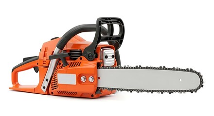 Fototapeta premium Vibrant orange gasoline-powered chainsaw ready for demanding tree felling and wood cutting tasks