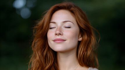 Naklejka premium Serene Red-Haired Woman Enjoys A Moment Of Peace Outdoors