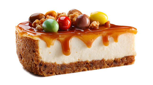 Slice of caramel cheesecake with candies on top