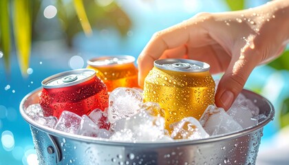 Refreshing cans in a cooler with ice, with a hand reaching in to grab one. The scene has a cool, refreshing vibe.