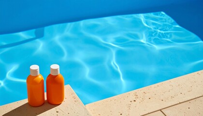 Two bottles of sunscreen sitting by a pool of clear water under the sunshine