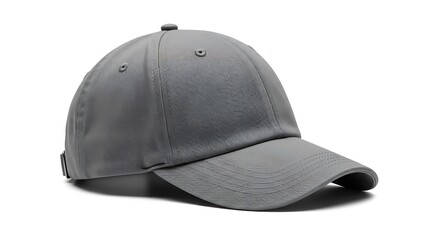 Fototapeta premium A plain grey baseball cap is displayed on a white background, showcasing its simple design