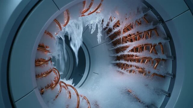 Cryogenic Superconducting System Interior with Copper Coils Frost and Circular Structure Symbolizing Advanced Physics Technology

