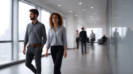 Two professionals walk through a bright modern office hallway near large  indicating business activity