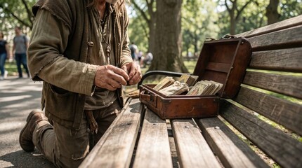 Elderly male caucasian street vendor counting money in park with open suitcase on wooden bench