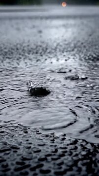 Raindrops create ripples on a wet asphalt surface during a downpour