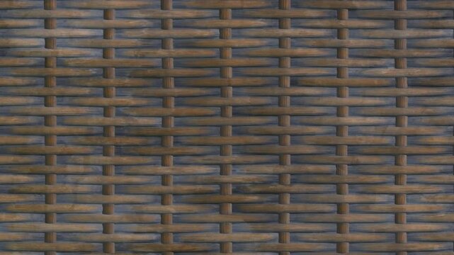 Close up brown woven rattan texture panning horizontally seamless loop background motion in 4K, 3d rendering.