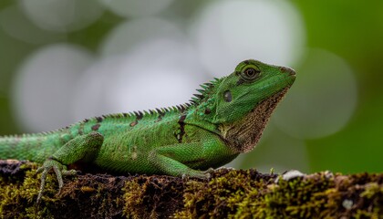 Fototapeta premium Close-up of a vibrant green lizard perched on a moss-covered branch, its scales detailed and its gaze alert in a natural, sun-dappled environment