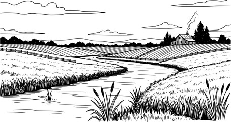 Fototapeta premium Hand-drawn rural landscape with winding river and farmhouse on horizon. Vector hand drawn illustration 