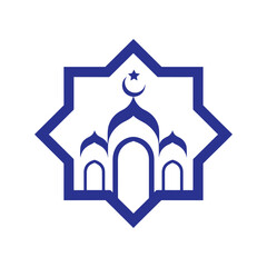 Mosque symbol in a star frame in blue color, featuring a crescent moon and star on top © Mujahid