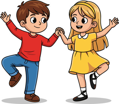 Happy young boy and girl holding hands while dancing together and balancing on one leg in a joyful vector cartoon illustration for kids.