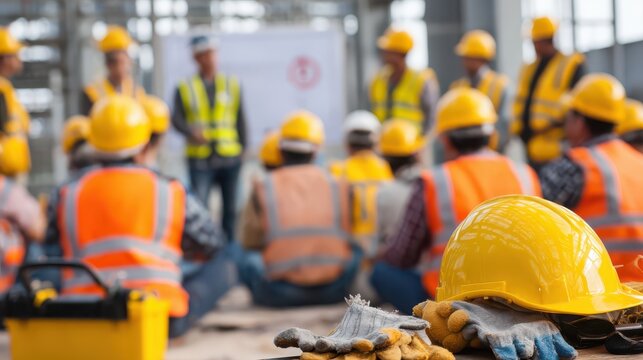 Workers listen to safety instructions at a construction site during the morning hours with tools and hard hats in focus