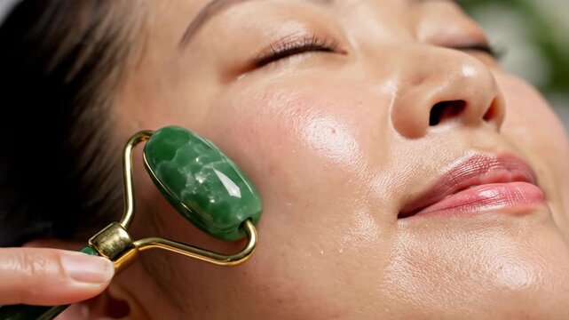 Woman using jade roller for facial massage.
